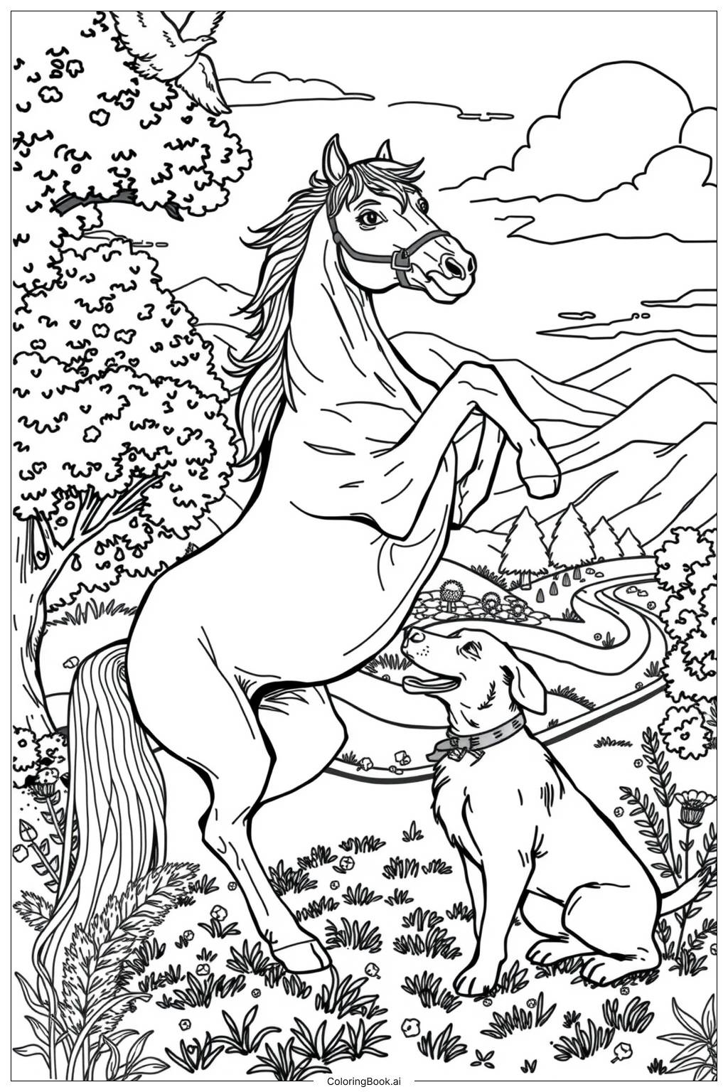  Page de coloriage Un cheval et un chien jouant ensemble 