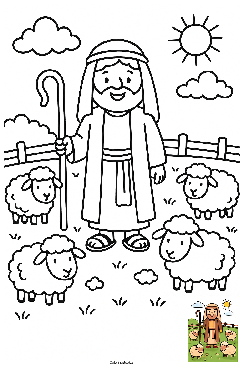  Página para colorear de Biblia Pastor y Campo de Ovejas 