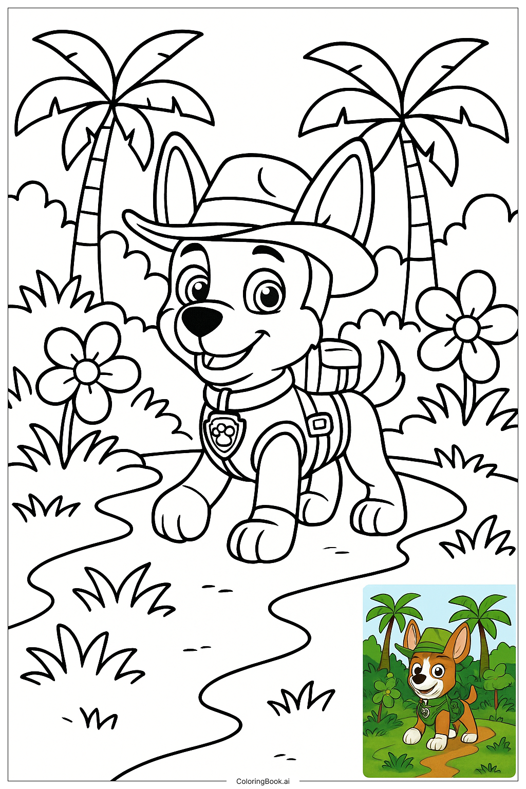  Página para colorir de Tracker Patrulha Canina Exploração na Selva 