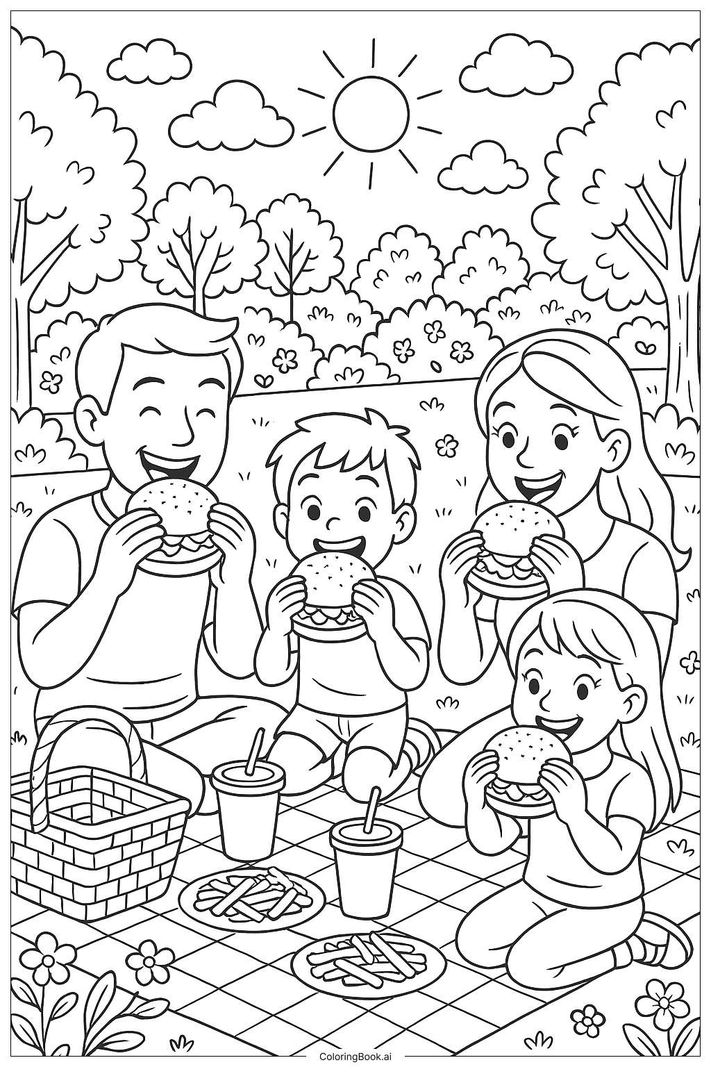 Eine Familie genießt Hamburger bei einem Picknick