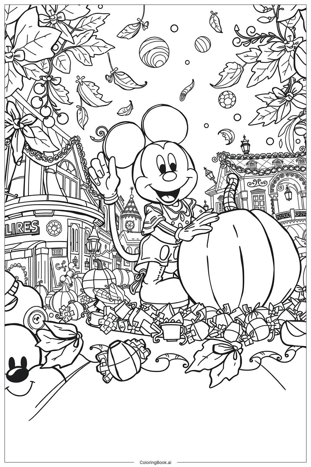  Página para colorear de Desfile de calabazas de Mickey Mouse en una ciudad 