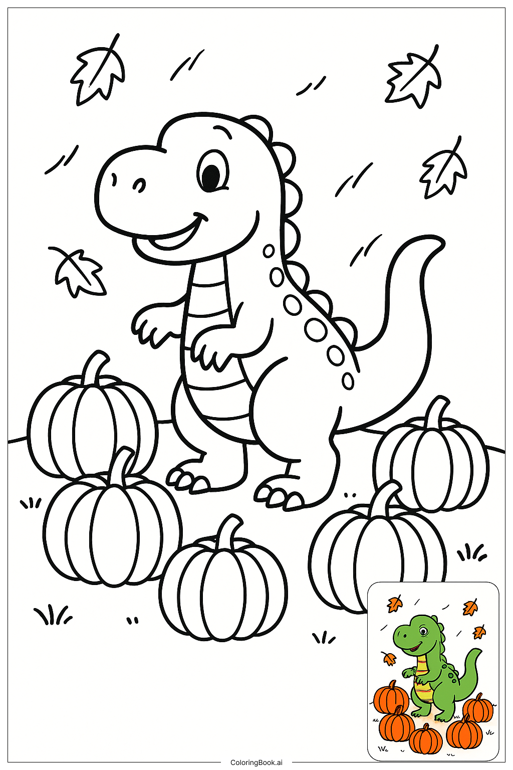  Page de coloriage Dinosaure entouré de citrouilles 