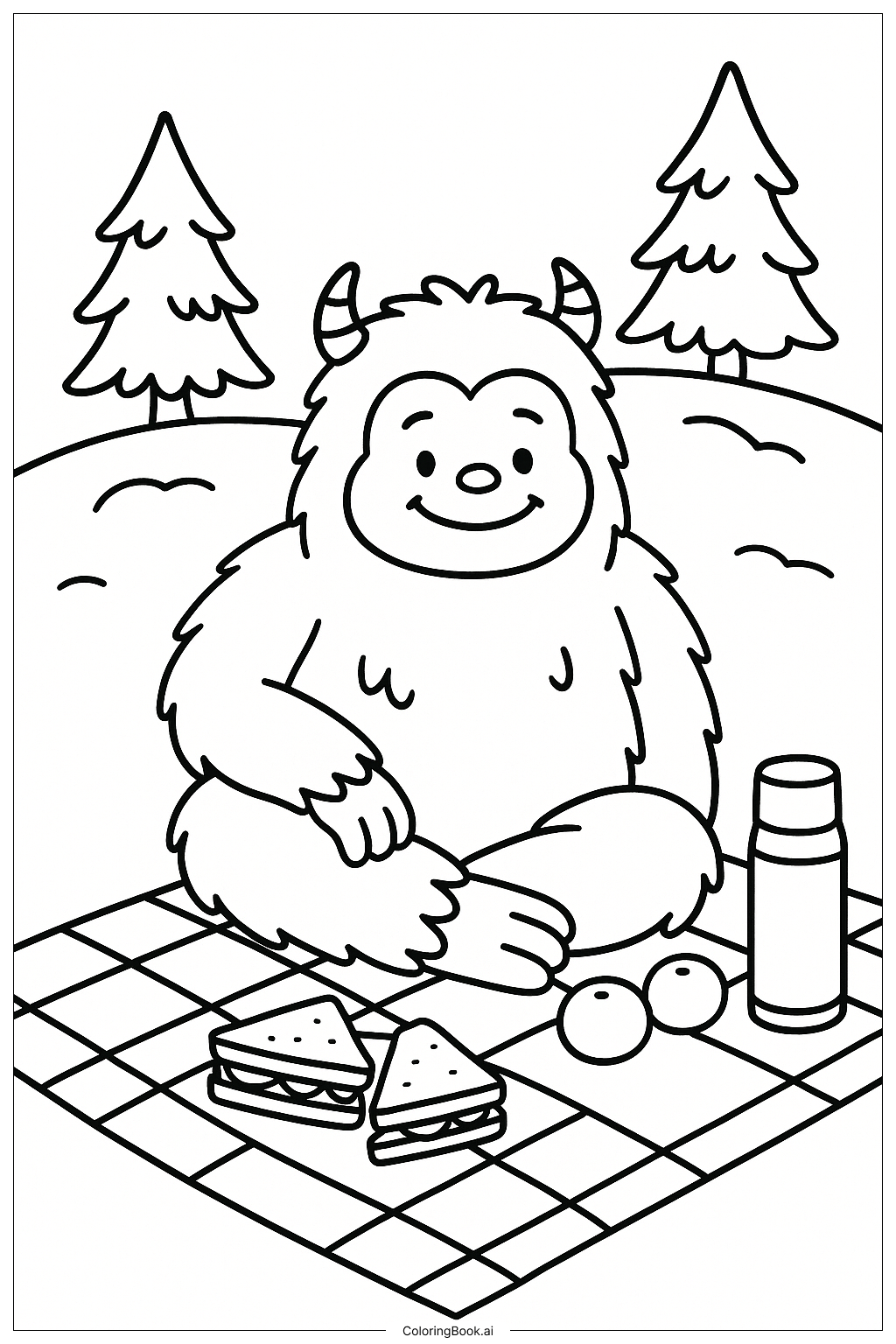  Page de coloriage Yéti faisant un pique-nique dans la neige 