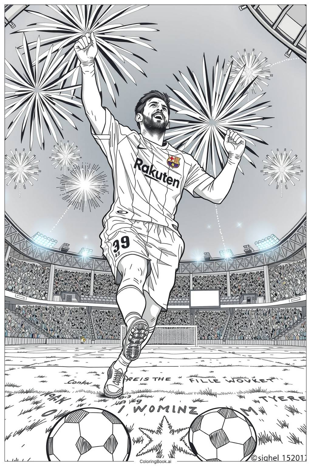  messi scoring a goal with fireworks in the background Coloring Page 