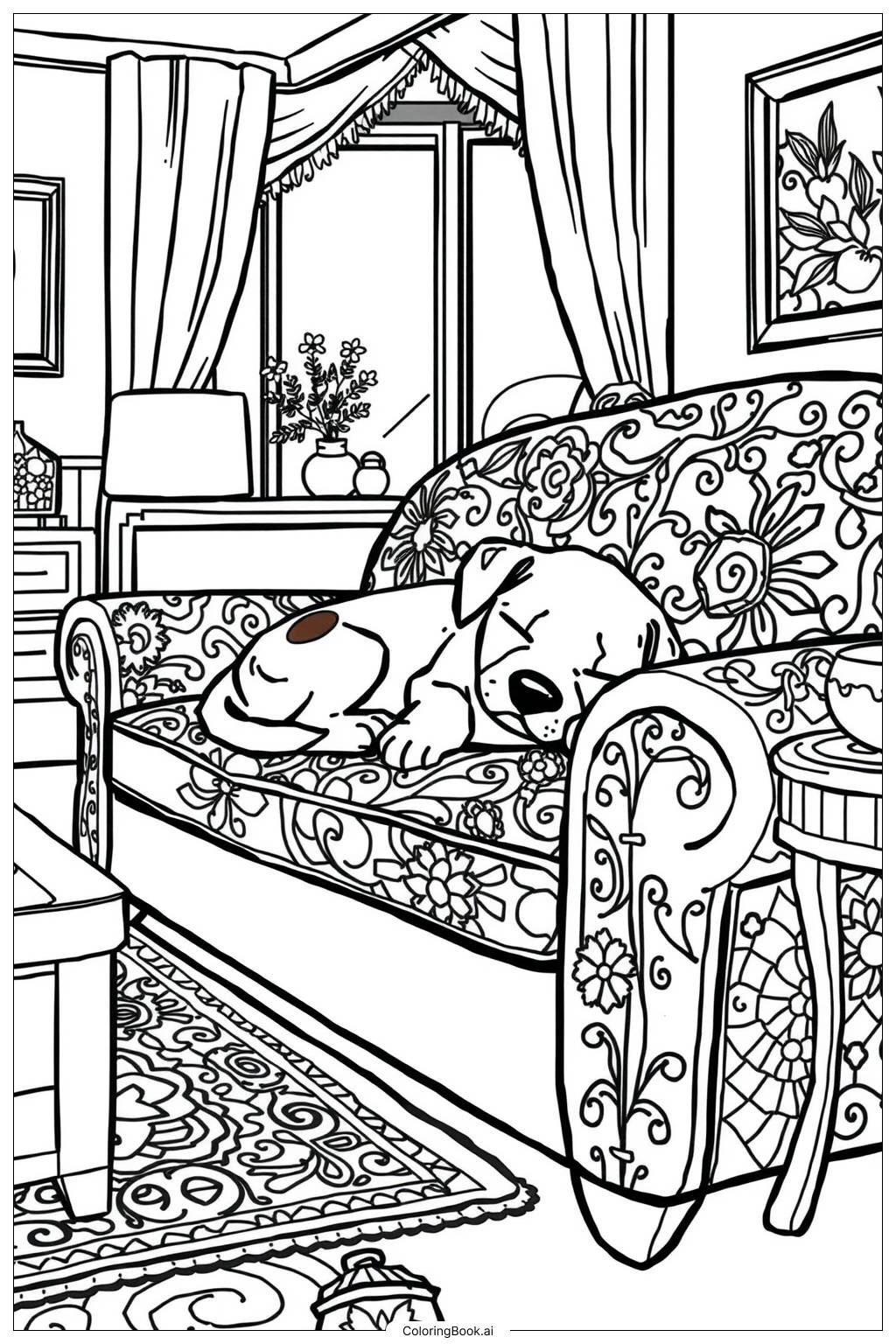  Sleeping Puppy on a Couch-2 Coloring Page 