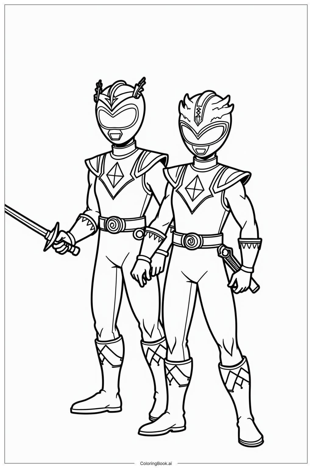  Página para colorear de Power Rangers Samurai Con Espadas 