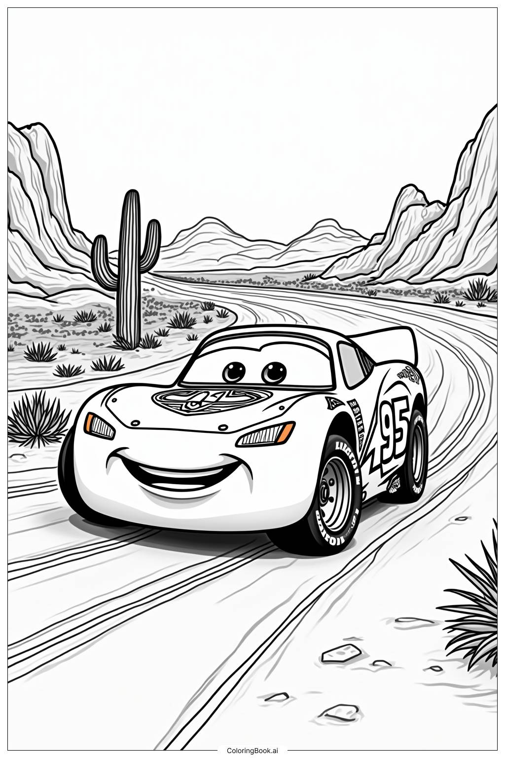  Page de coloriage Lightning McQueen Course sur une Piste Désertique 