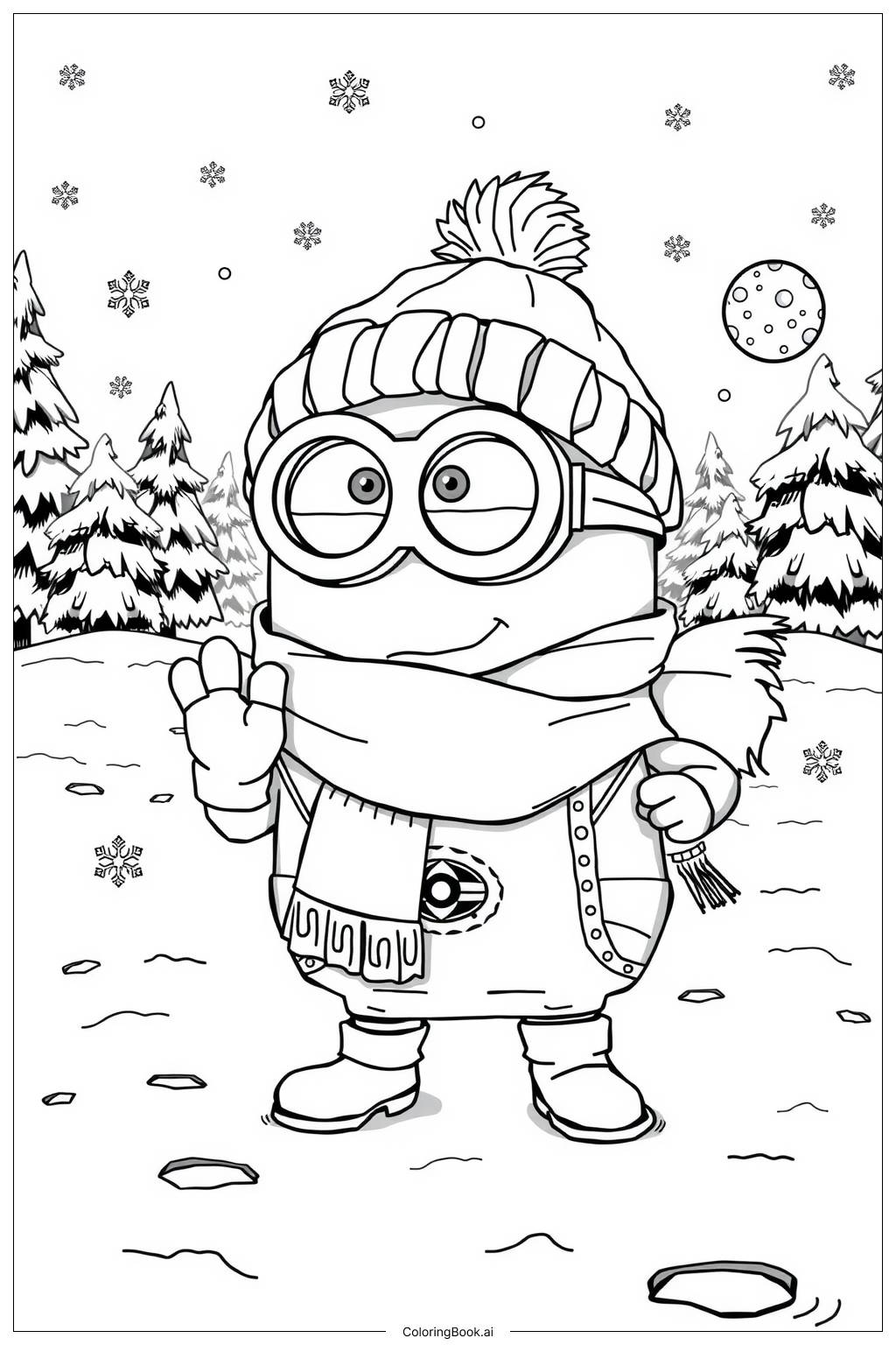  minion playing in the snow during winter-2 Coloring Page 