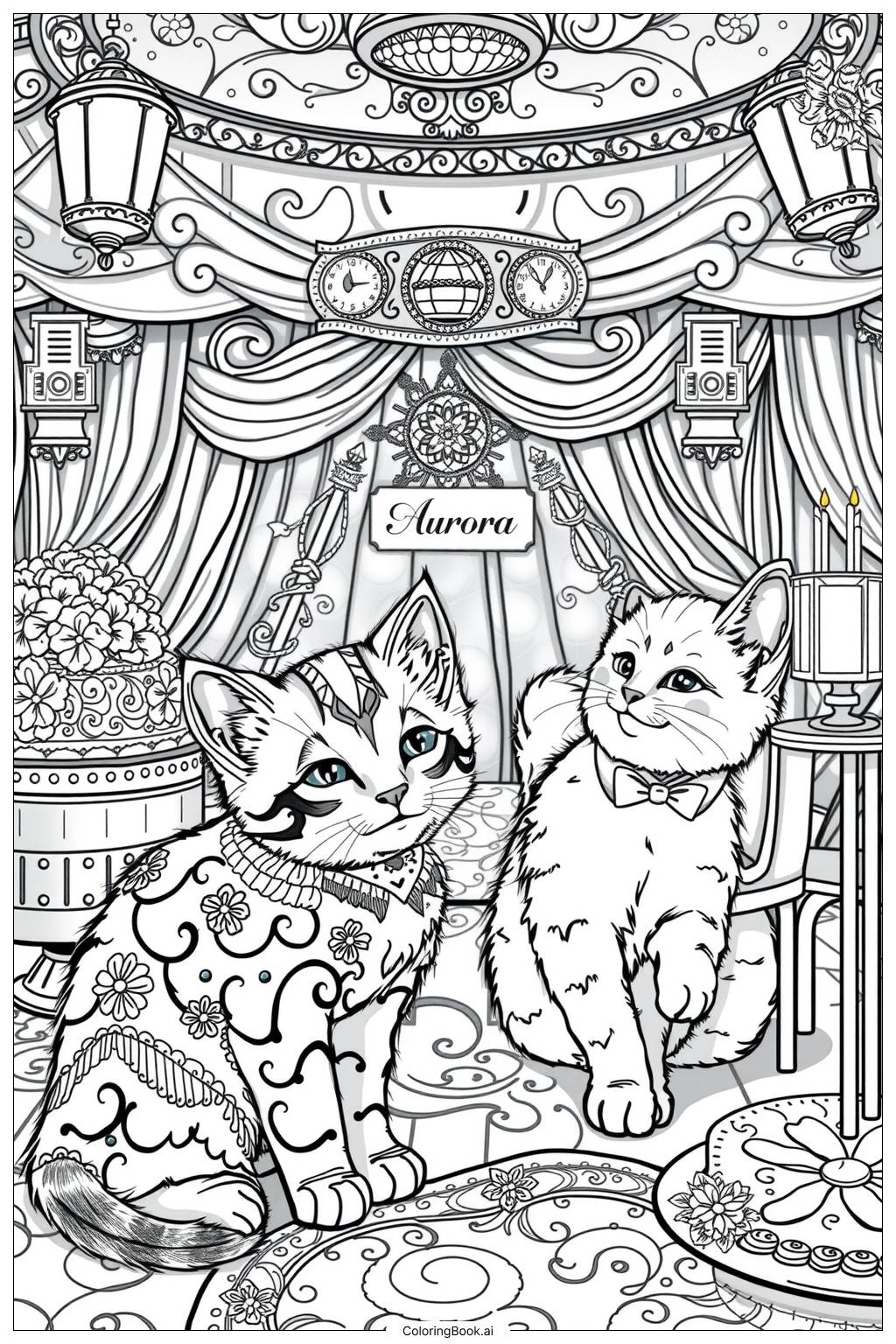  Page de coloriage Des chatons se préparant pour une fête amusante 