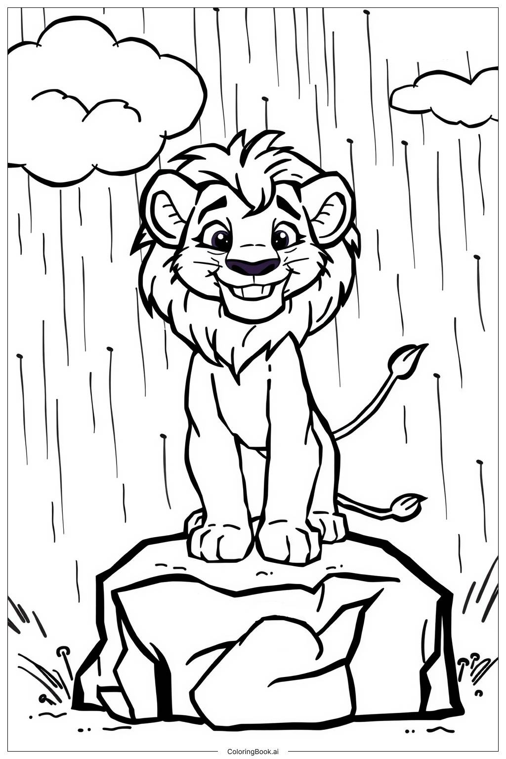  Page de coloriage roi lion simba debout sur le rocher de la fierté sous la pluie 