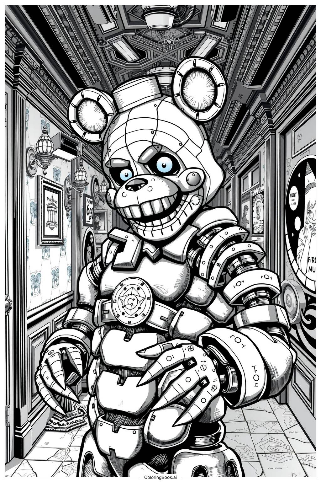  five nights at freddy character in a dark hallway Coloring Page 