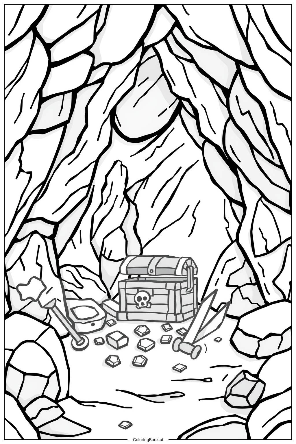  Pirate Hideout with Caves and Jewels Coloring Page 