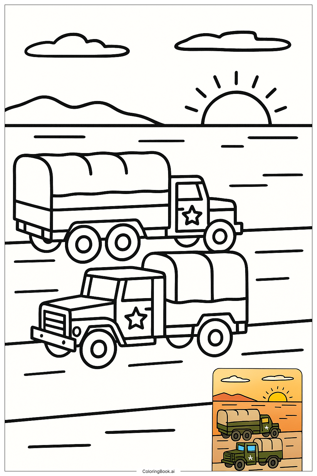 軍用卡車護送在夕陽下著色頁