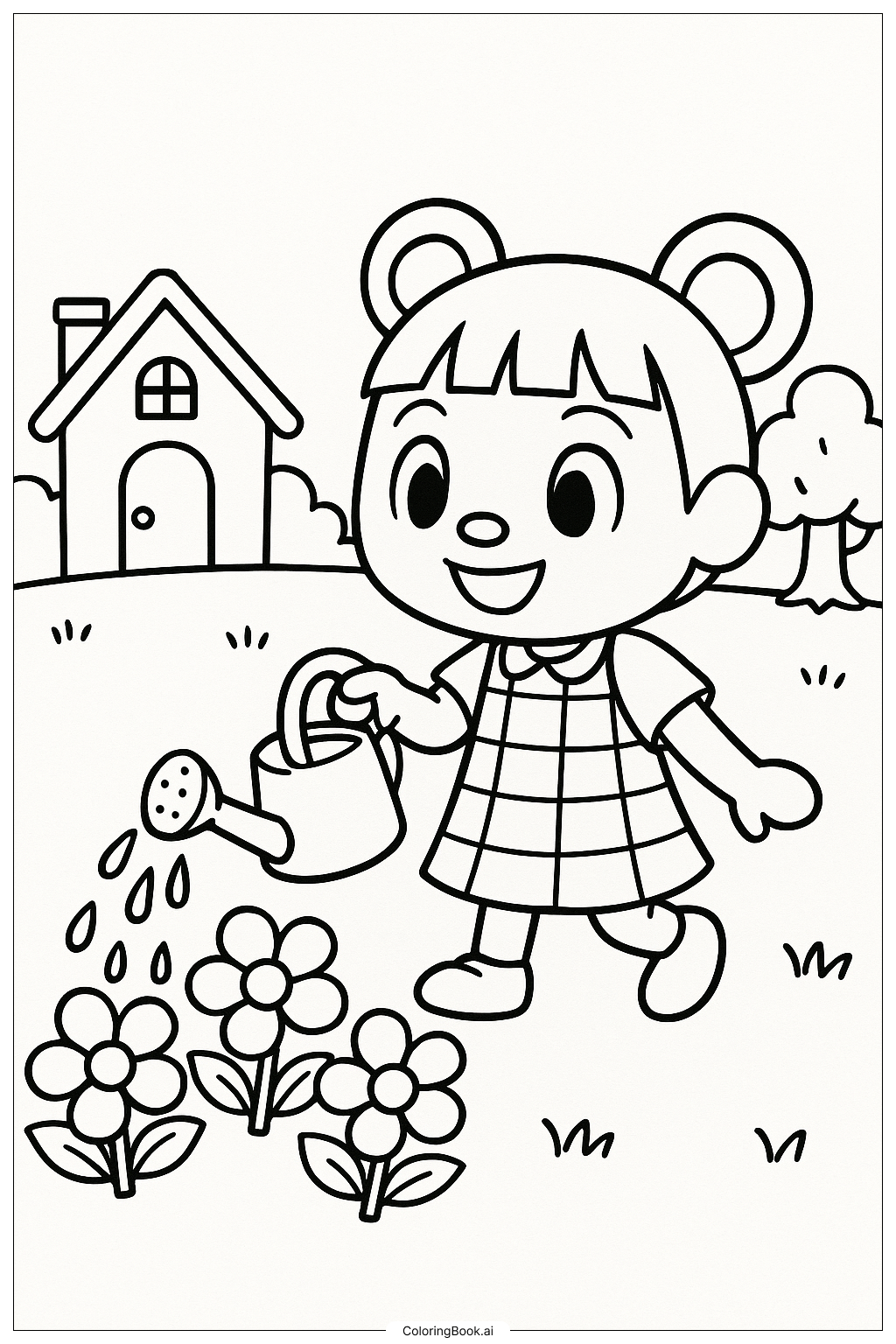  Ein Animal Crossing Spieler gießt Blumen Ausmalseite 