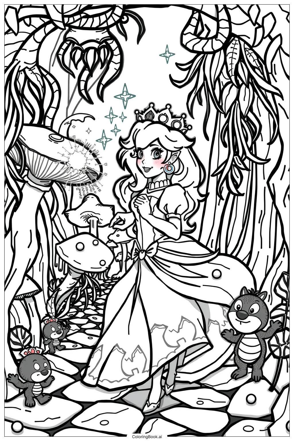  Page de coloriage Princesse Peach explorant une forêt magique-2 