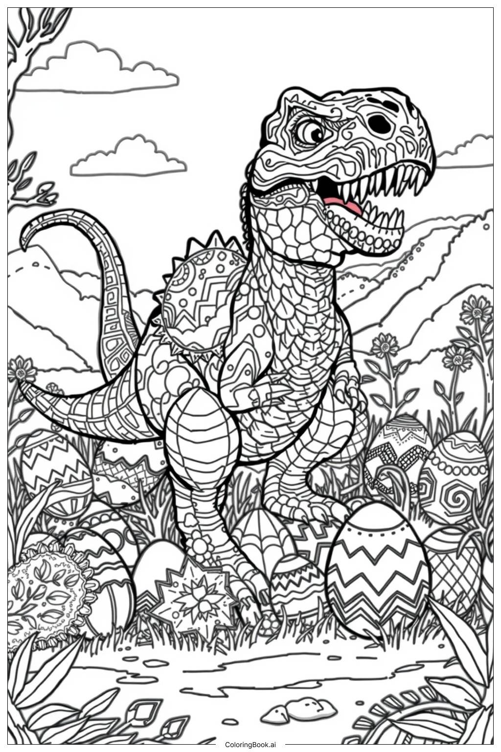  Página para colorir de Caça aos Ovos de Páscoa do Dinossauro-2 