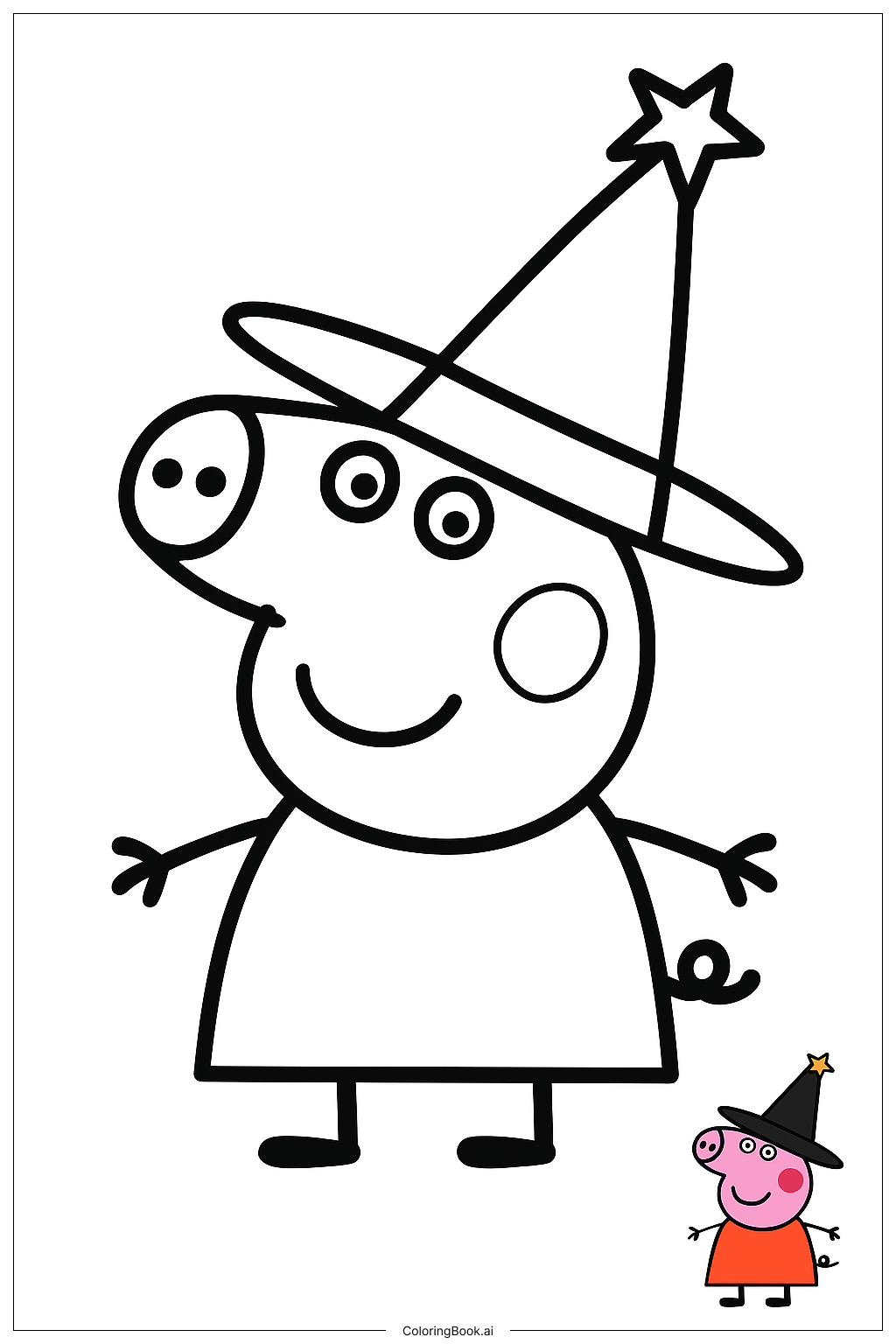  Página para colorir de Peppa Pig Usando um Chapéu de Bruxa 