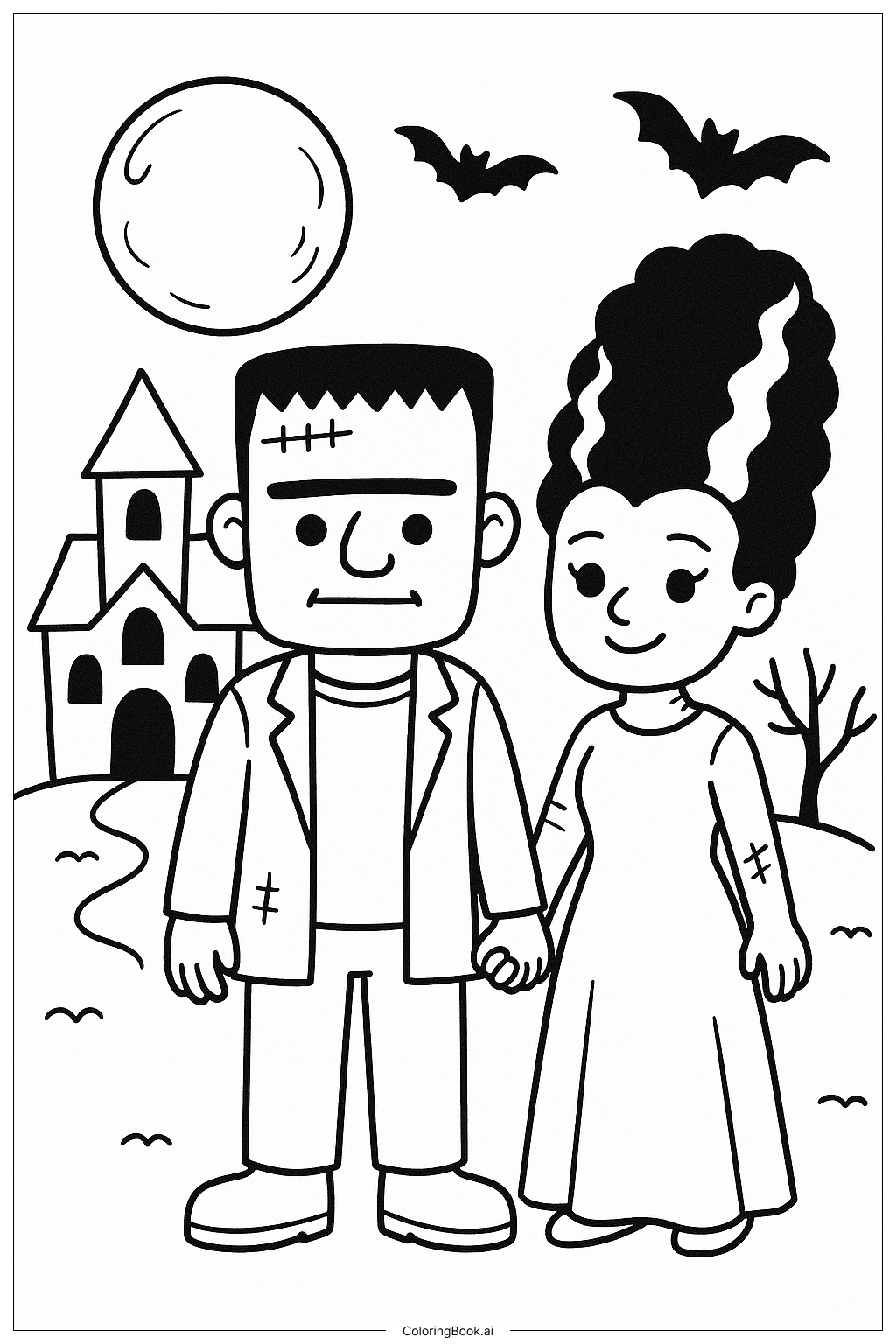 Page de coloriage Frankenstein et la Fiancée de Frankenstein (PDF \u0026 PNG  imprimables gratuitement), image size:1024x1536