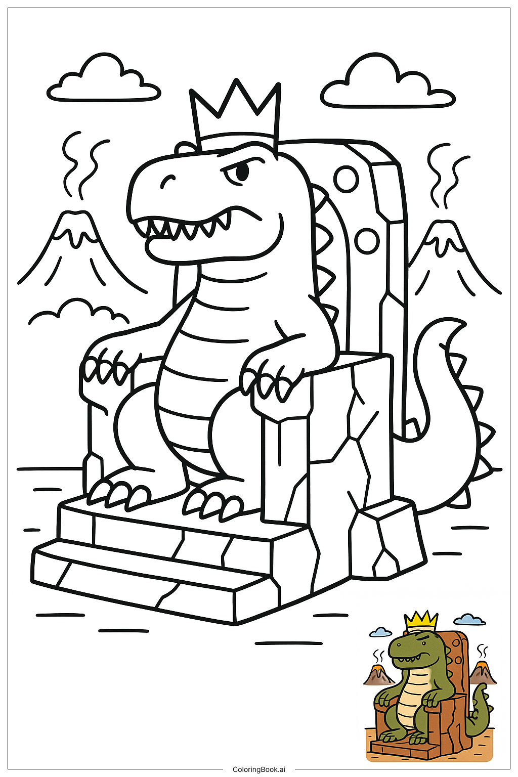  Page de coloriage Roi Dinosaure sur Trône 