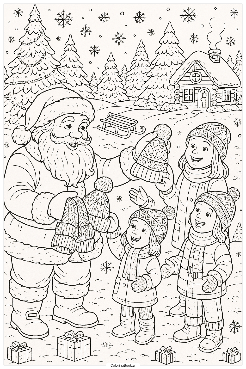 Página para colorear de Papá Noel regalando gorros de invierno