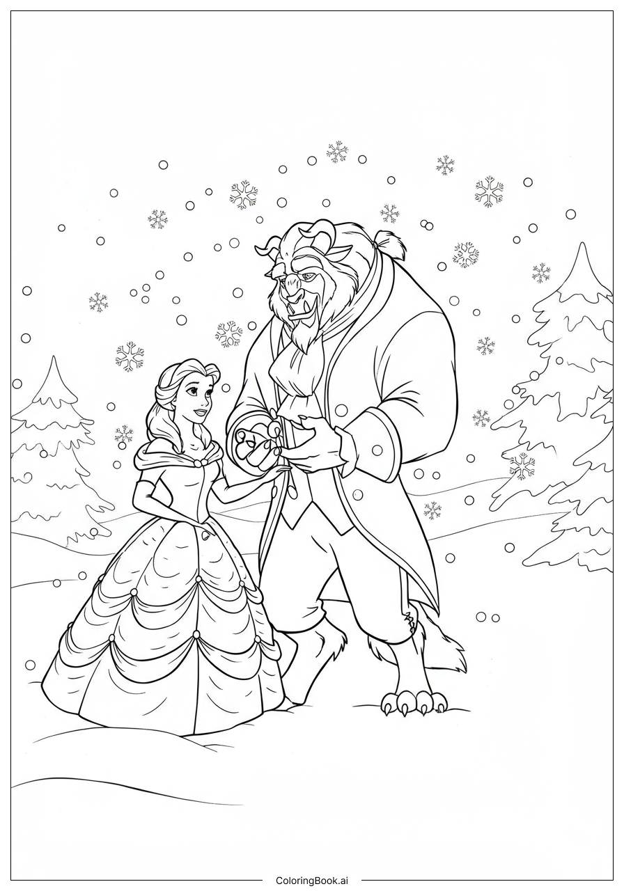  雪の中のベルとビーストの塗り絵ページ 