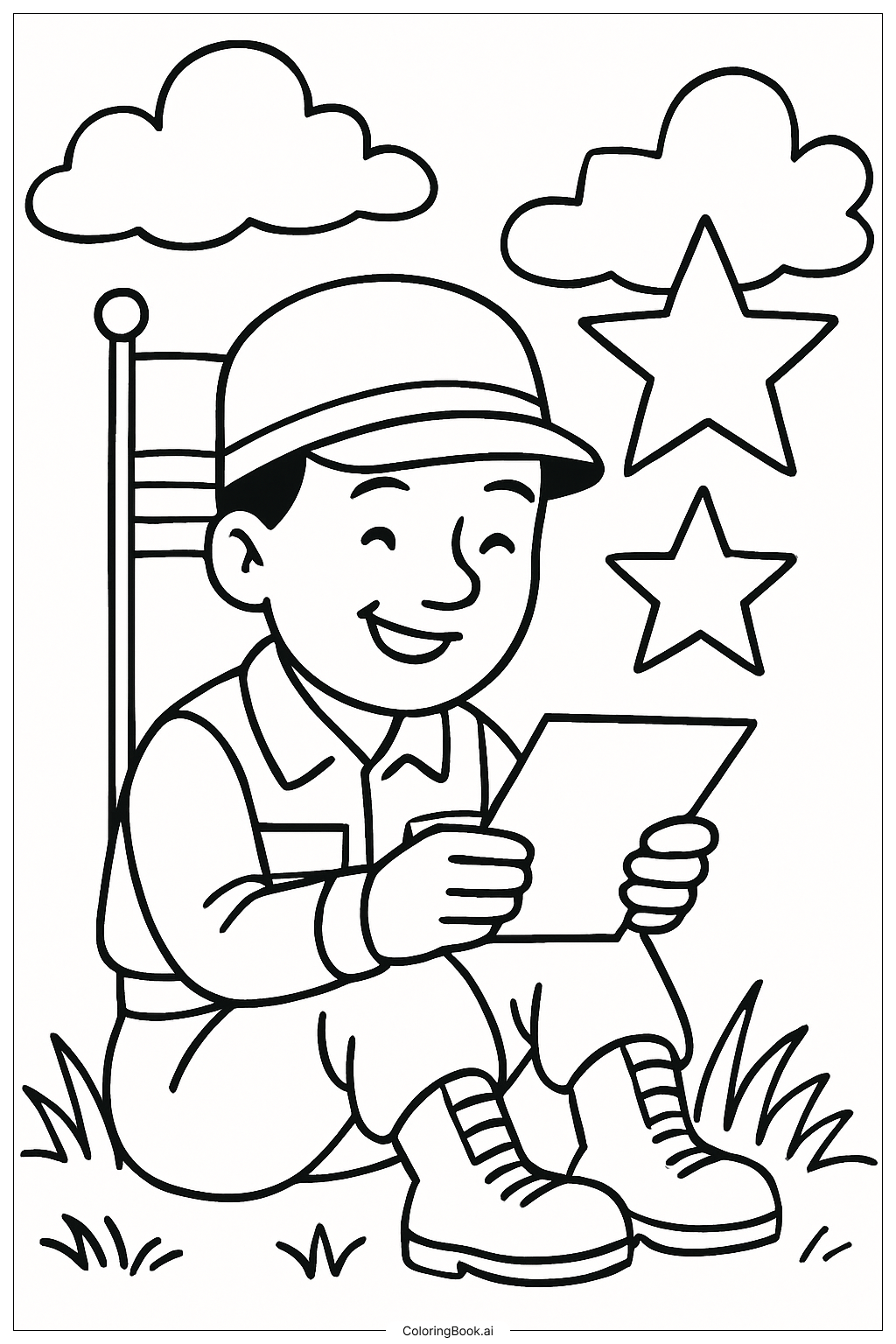  老兵节士兵读信填色页 