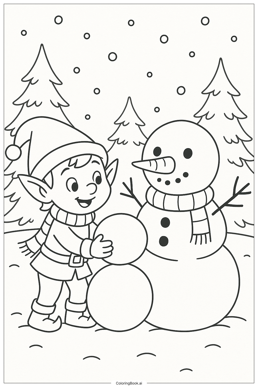 Christmas Elf Building Snowman填色页 