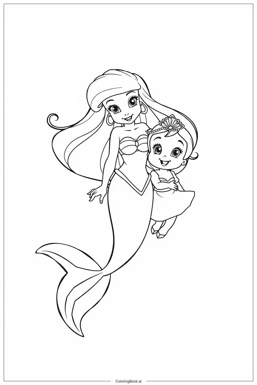  Page de coloriage Ariel et Melody jouant avec des créatures marines, Ariel et Eric dans une scène de mariage royal 