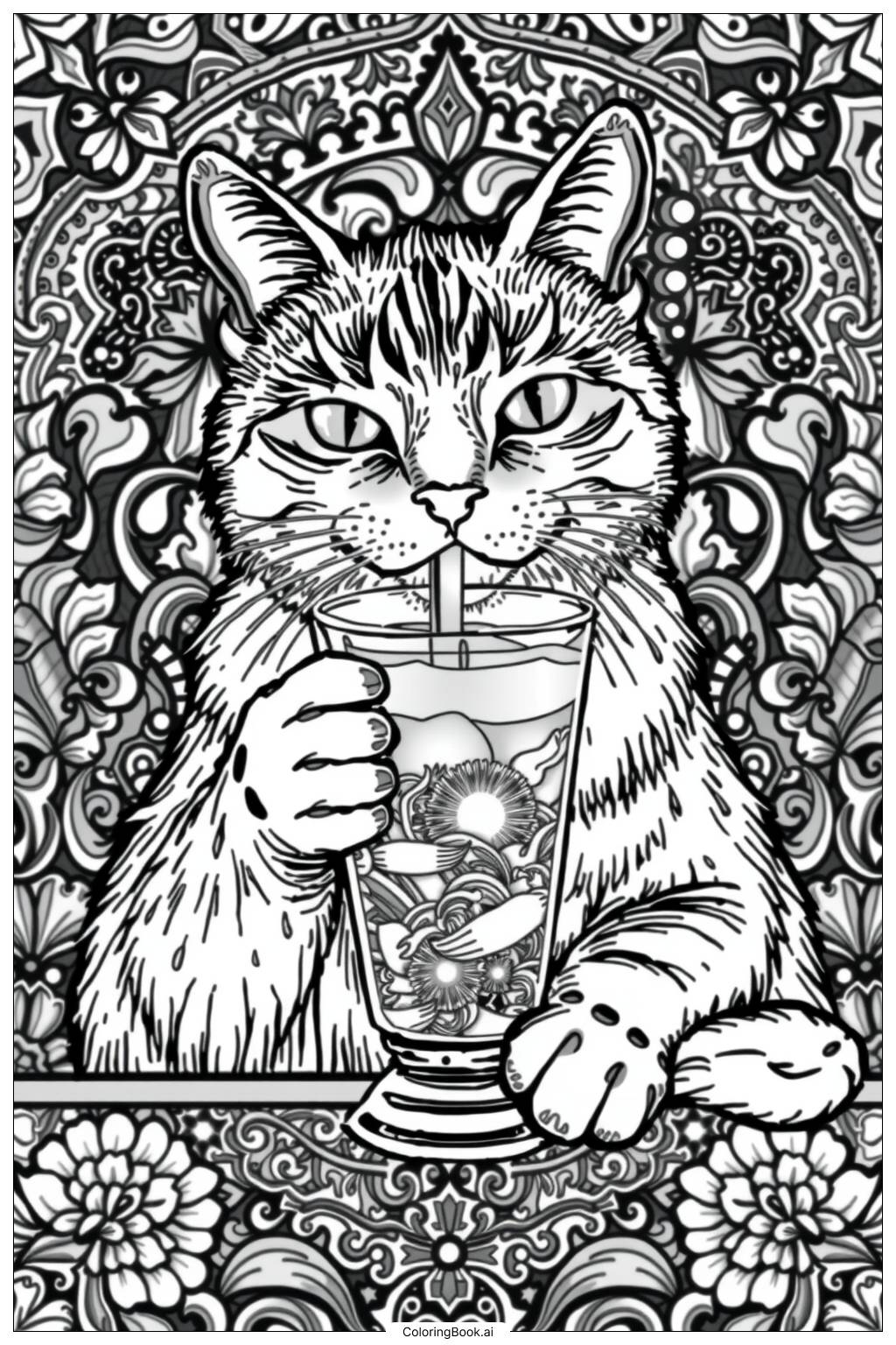  Cat Drinking Boba Tea Coloring Page 