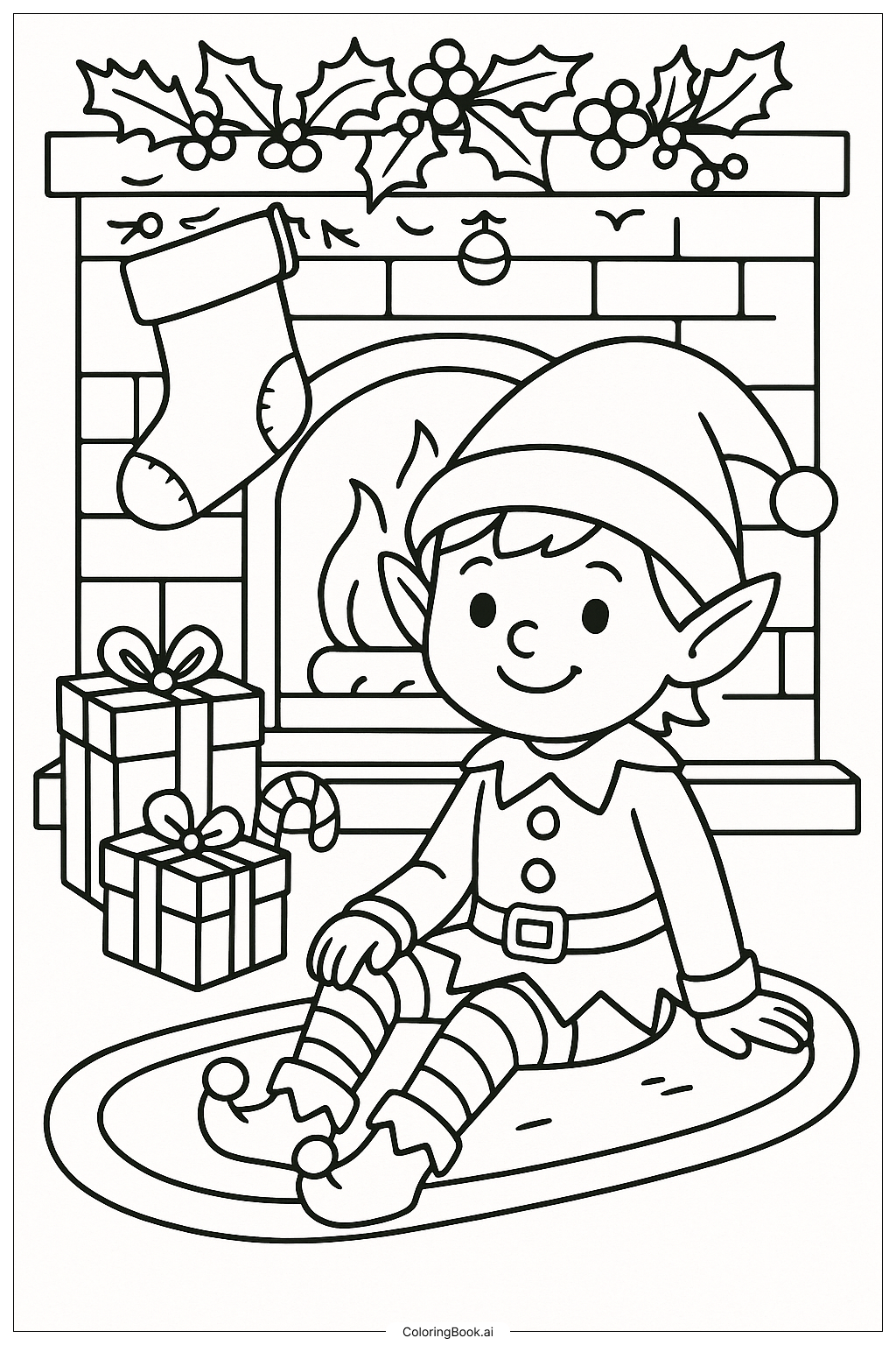  Christmas Elf by Fireplace填色页 