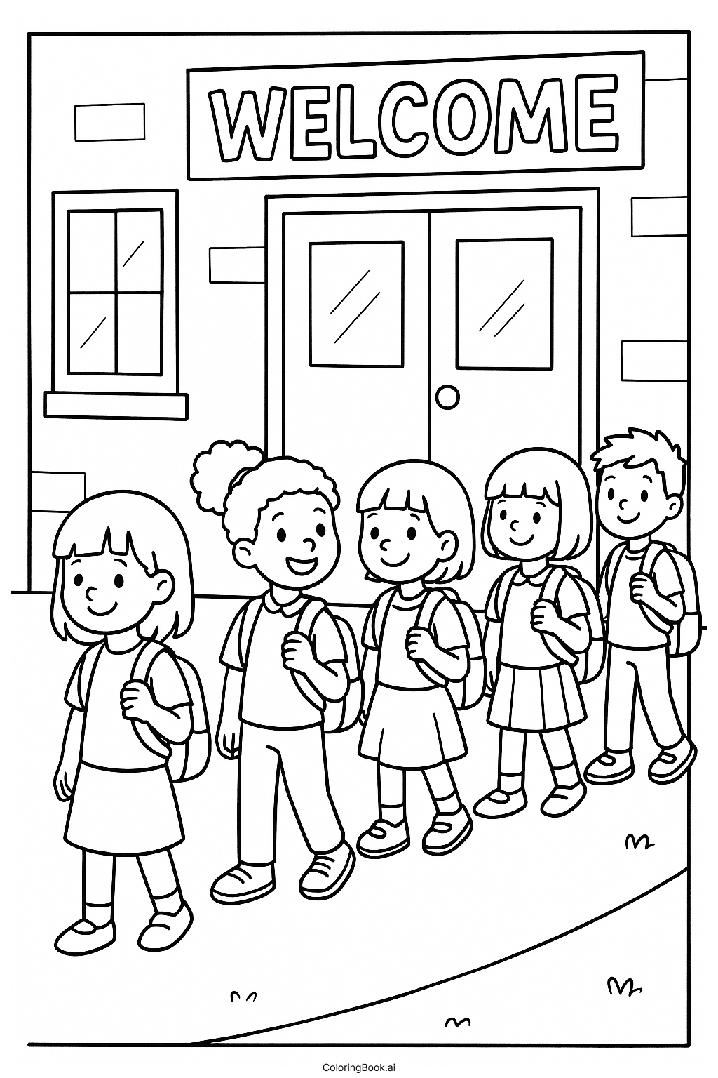  Page de coloriage Enfants faisant la queue pour le premier jour d'école 