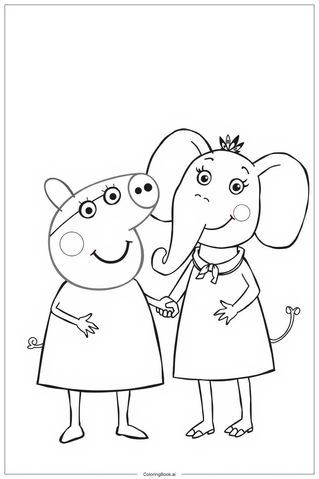  Página para colorear de Peppa Pig y Emily Elefante jugando juntos 