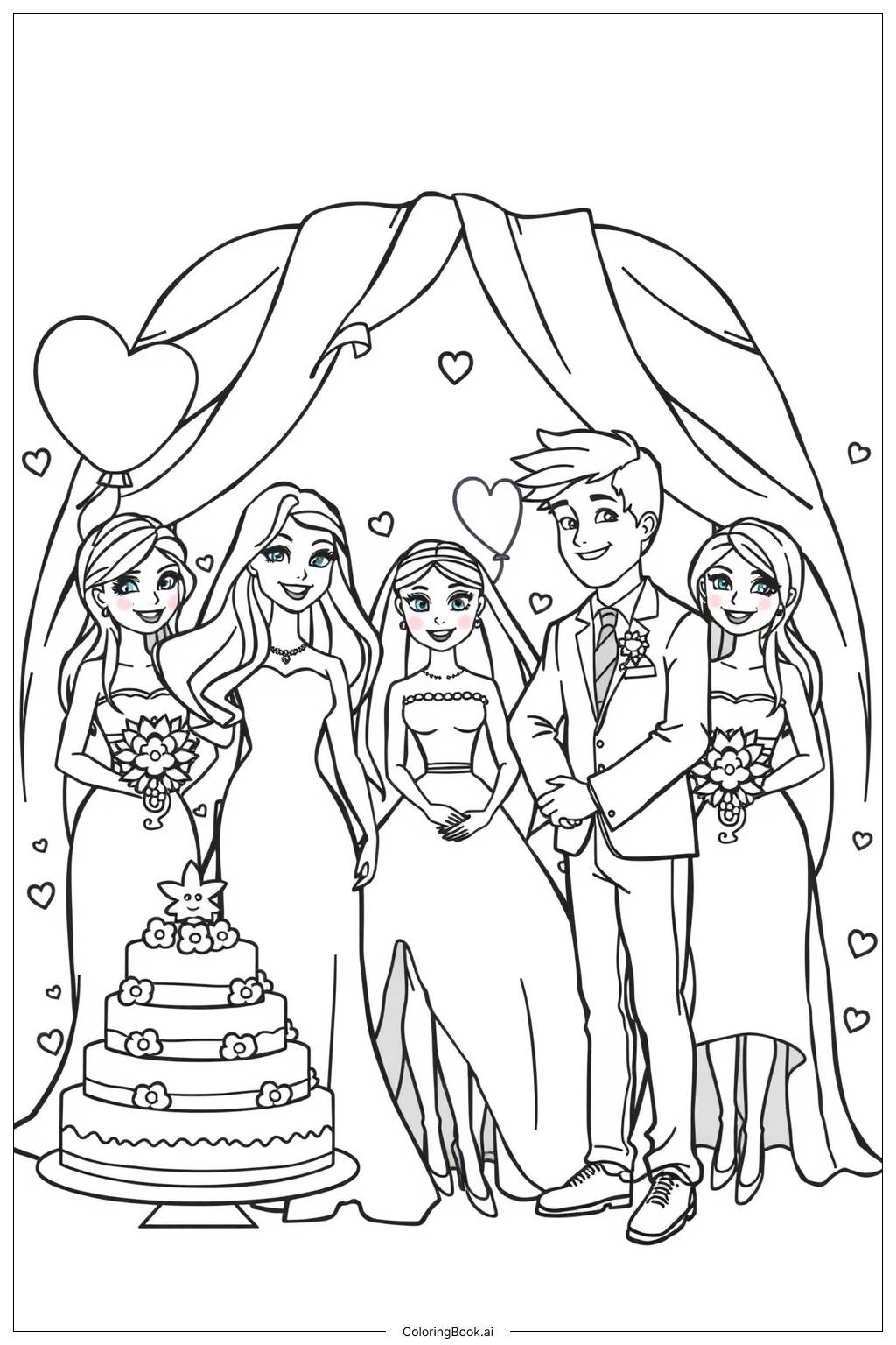  Página para colorear de barbie día de boda con ken y sus amigos 