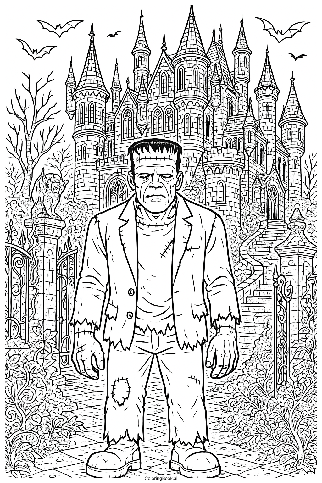  Eine gotische Burgszene mit Frankenstein Ausmalseite 