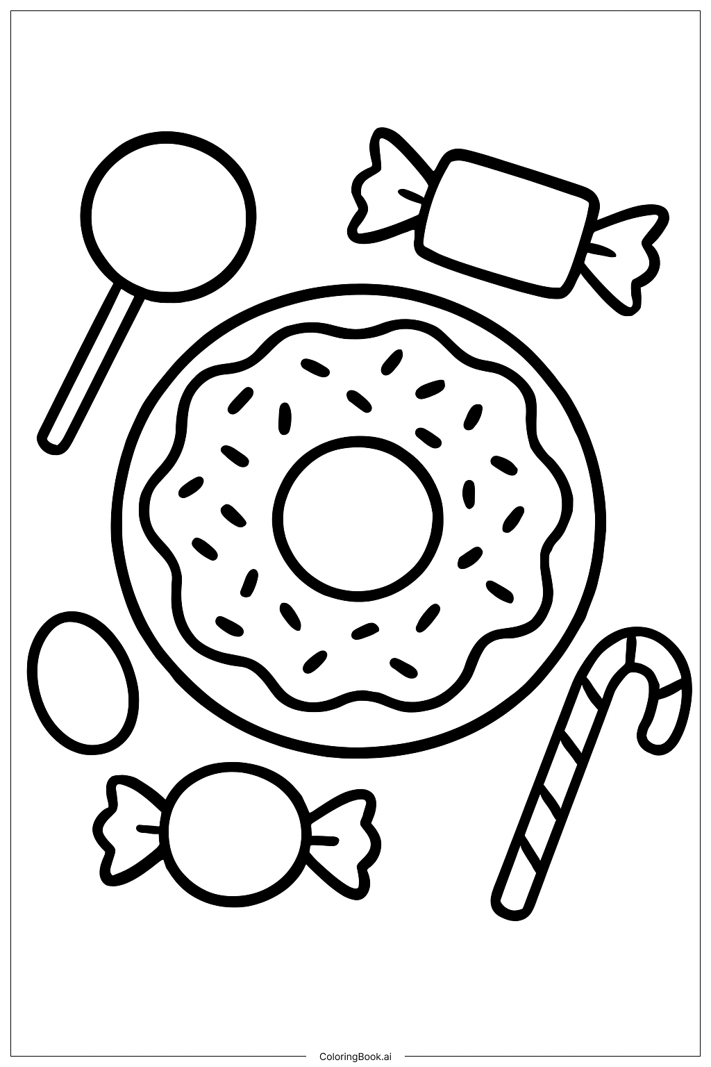  Donut Surrounded By Colorful Candies Coloring Page 