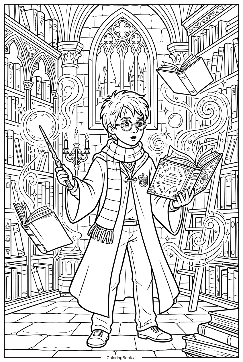 Harry Potter reading ancient runes in library Coloring Page