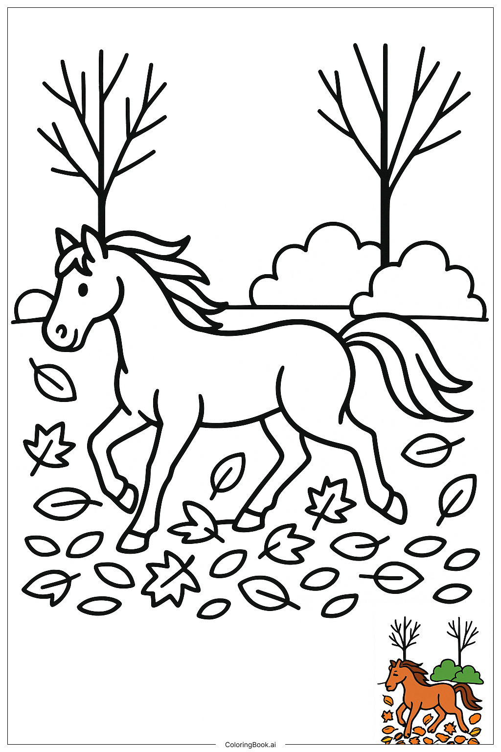  Página para colorear de Horse Trotting Through Fallen Leaves 