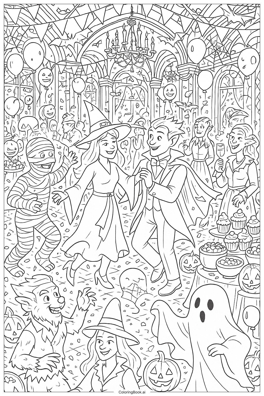  Ein detaillierter Halloween 2025 Monster Mash Ball Ausmalseite 