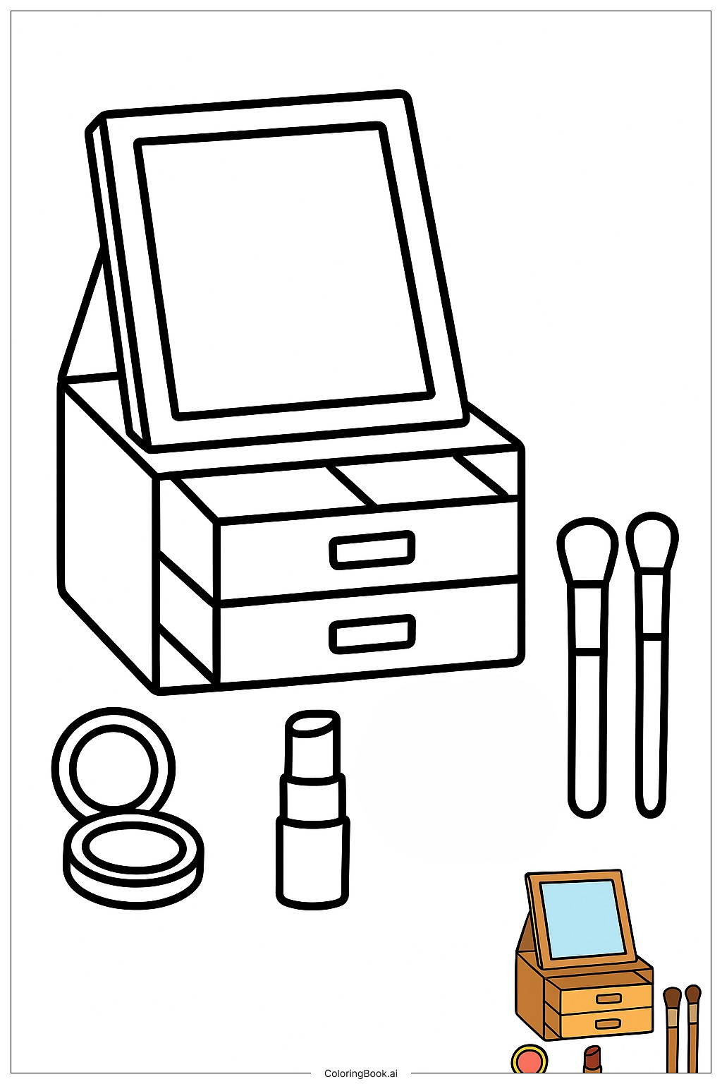  Página para colorear de Kit de Maquillaje con Espejo Plegable y Cajones 