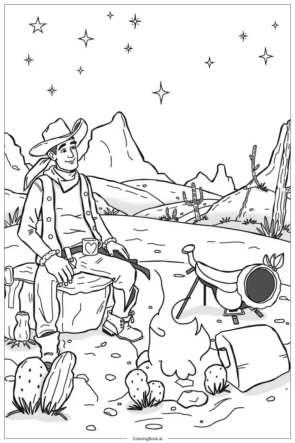  Cowboy enjoying a night under the stars-2 Coloring Page 