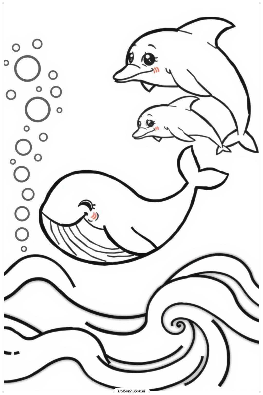  Page de coloriage Bébé Baleine Jouant avec des Dauphins 