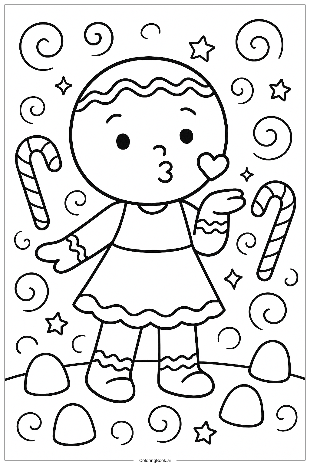  ジンジャーブレッドの女の子がキスを吹くの塗り絵ページ 