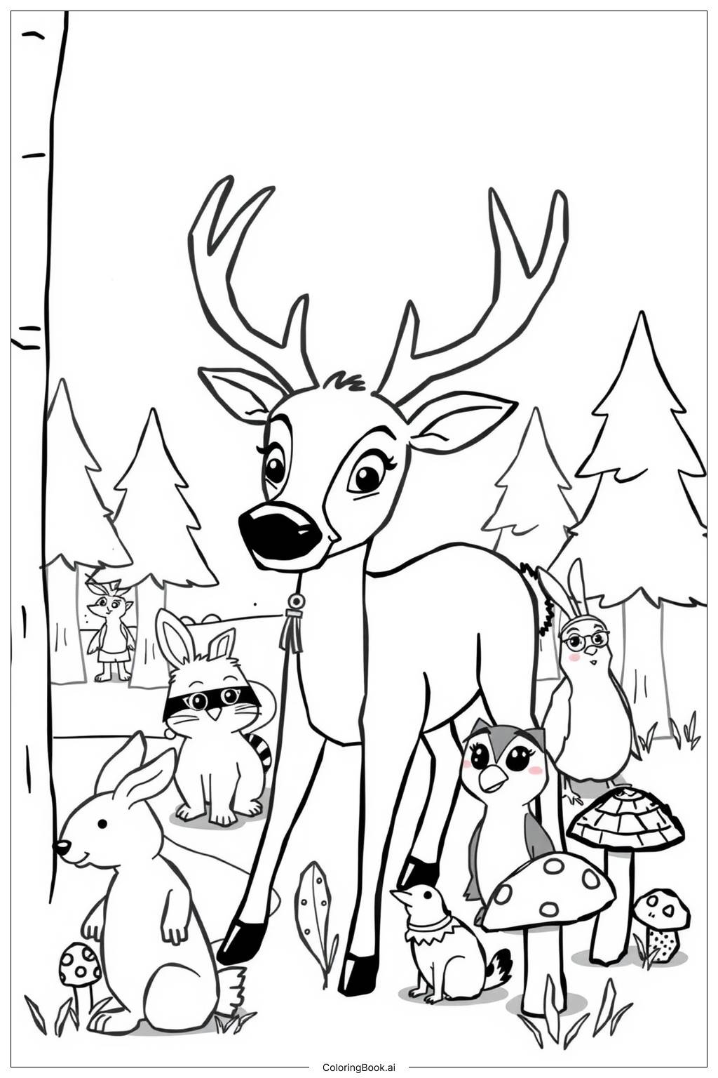  Page de coloriage Cerf menant des animaux de la forêt 