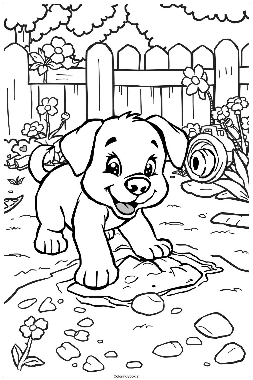  Page de coloriage Puppy qui Creuse dans le Jardin 