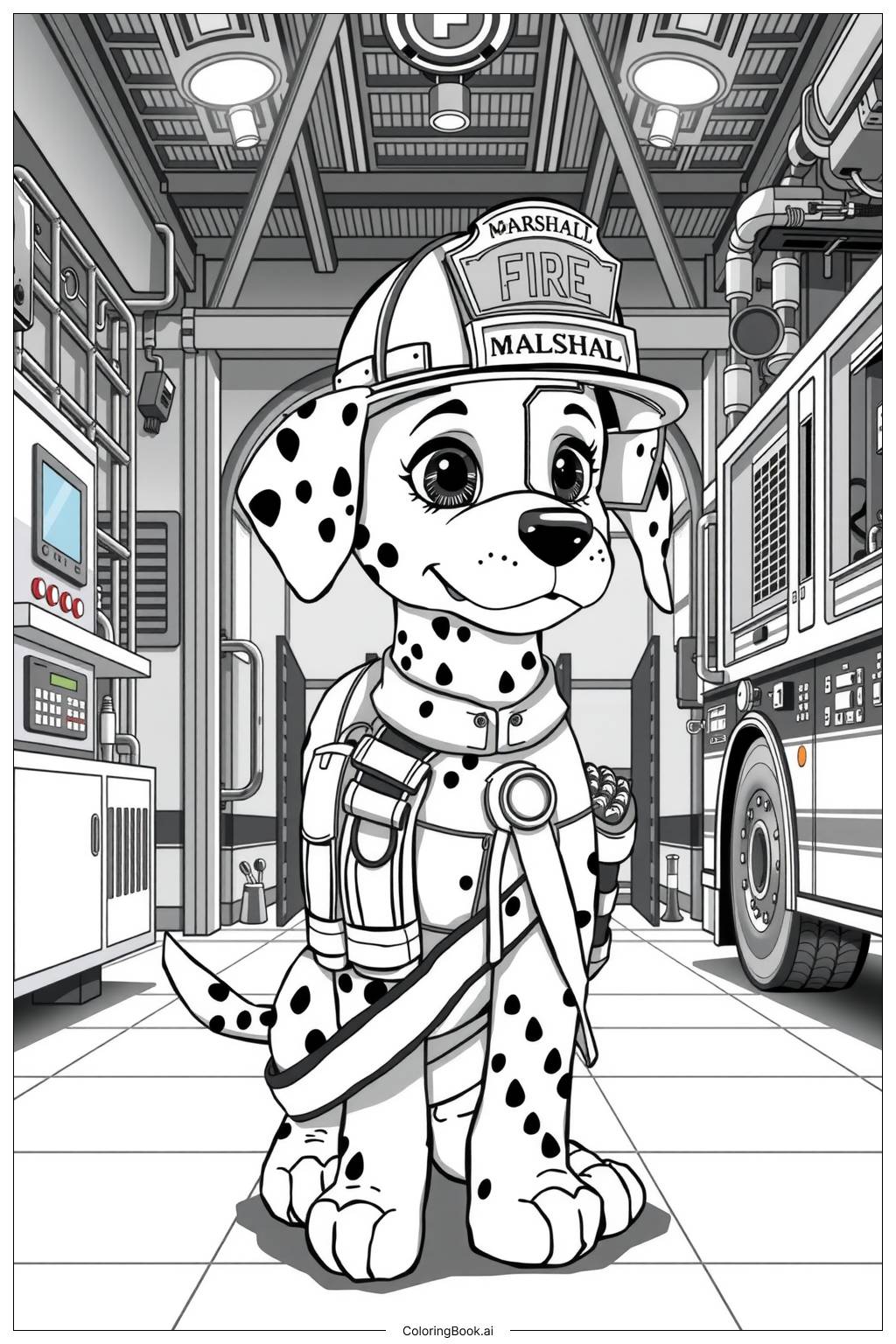  Página para colorear de Marshall Paw Patrol con Camión de Bomberos 