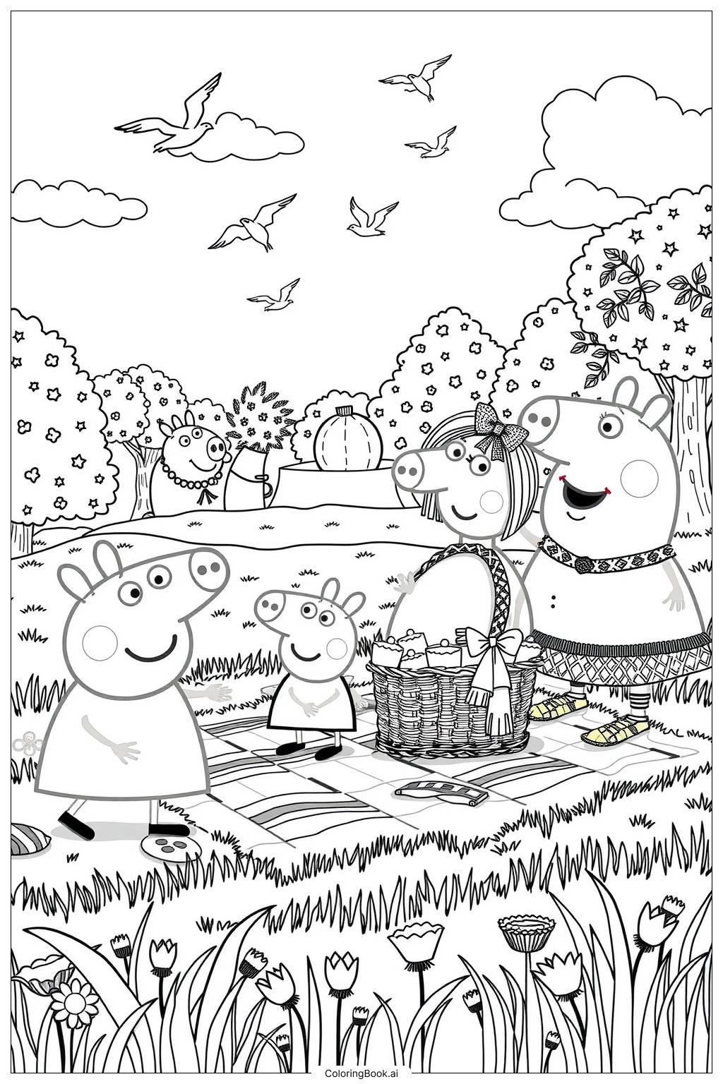  peppa pig family picnic in the park Coloring Page 