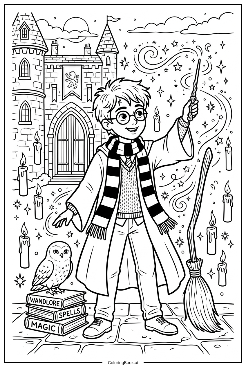 Harry Potter practicing charms at castle gate Coloring Page