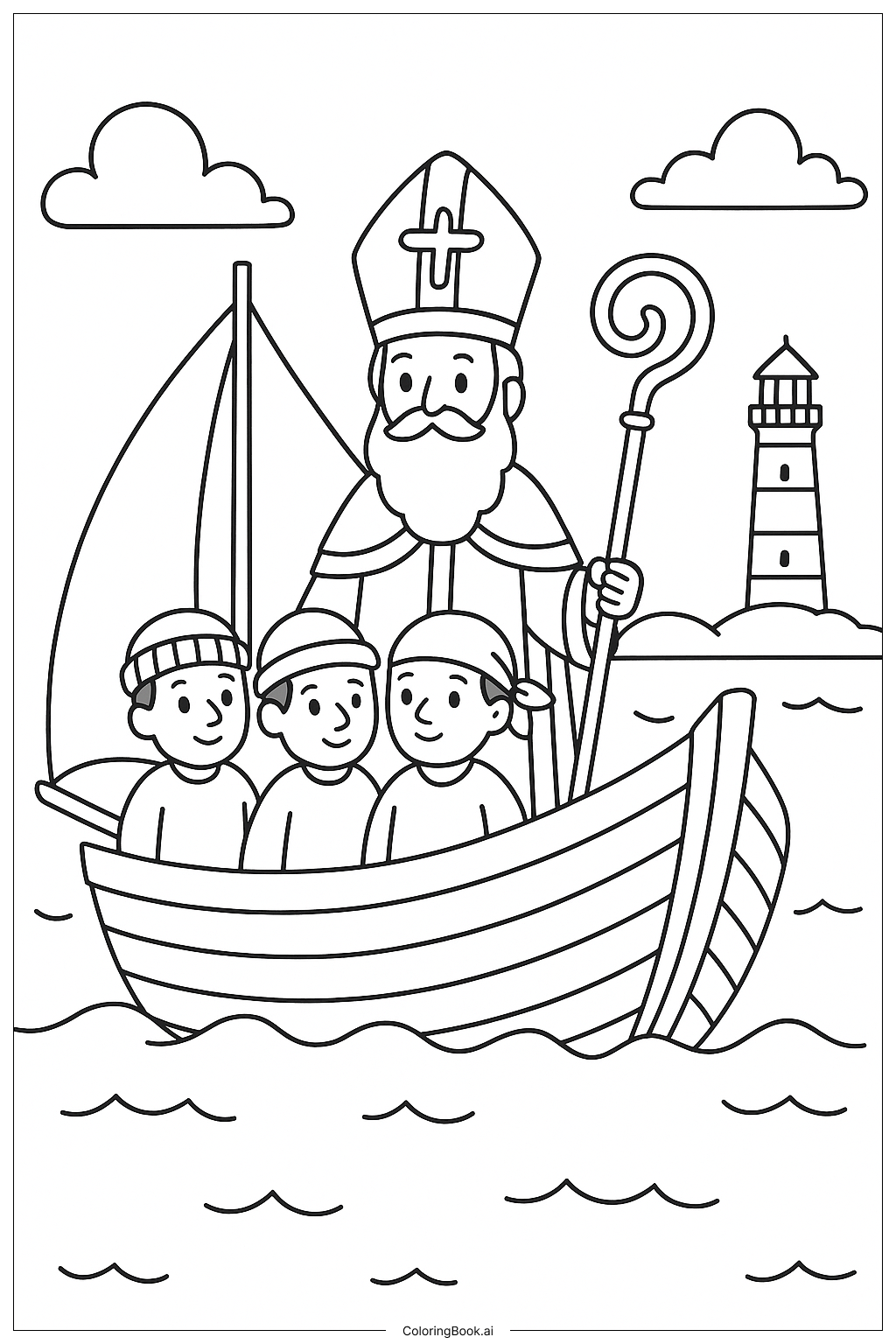 선한 사도 니콜라스가 선원들을 안내하는 모습 색칠공부 페이지