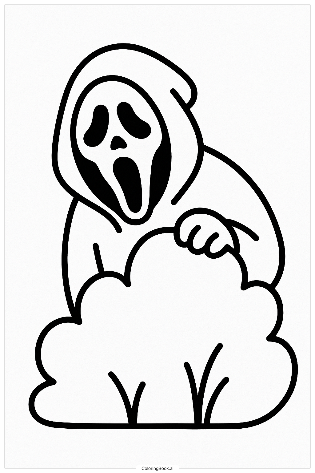  Página para colorear de Ghostface oculto detrás de un arbusto 