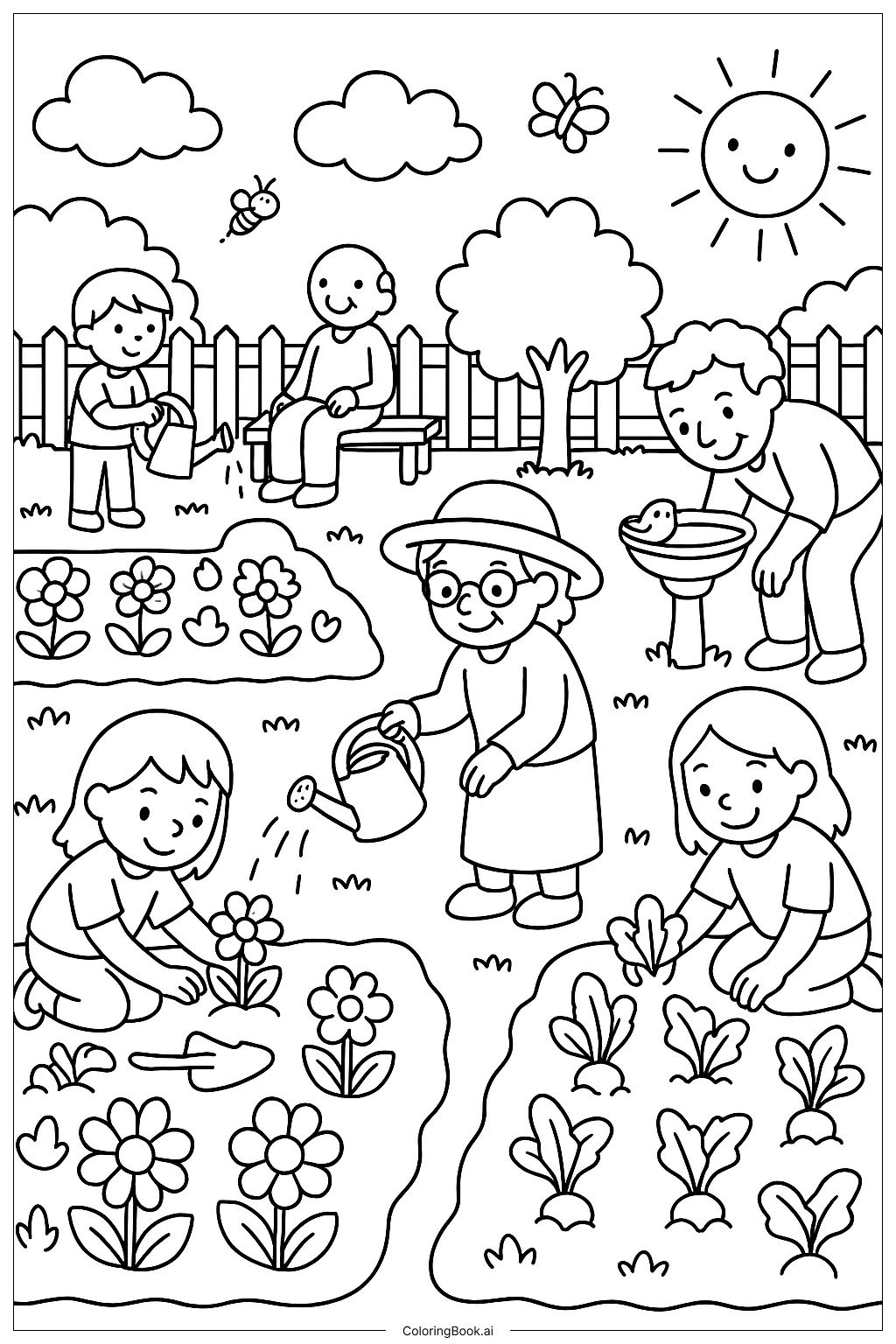  Página para colorir de Uma Cena Agitada no Jardim Comunitário 